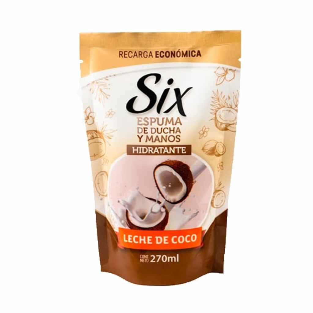 Six Espuma De Ducha Y Manos Leche De Coco Repuesto 270 Ml